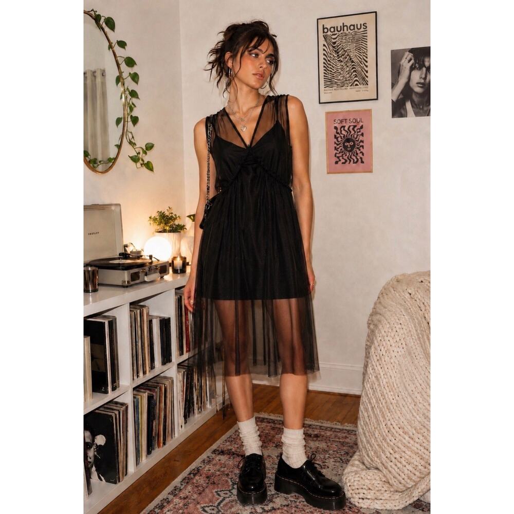Topshop Mesh Overlay Midi Slip Dress Women's Black Adjustable Straps Size 4
